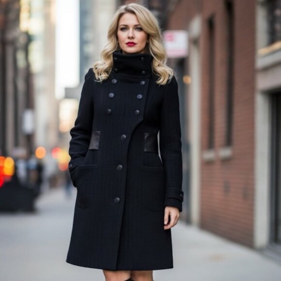 Mackage Wool Leather Fitted Coat Military Long Double Breasted Pea Minimalist M - Picture 16 of 16